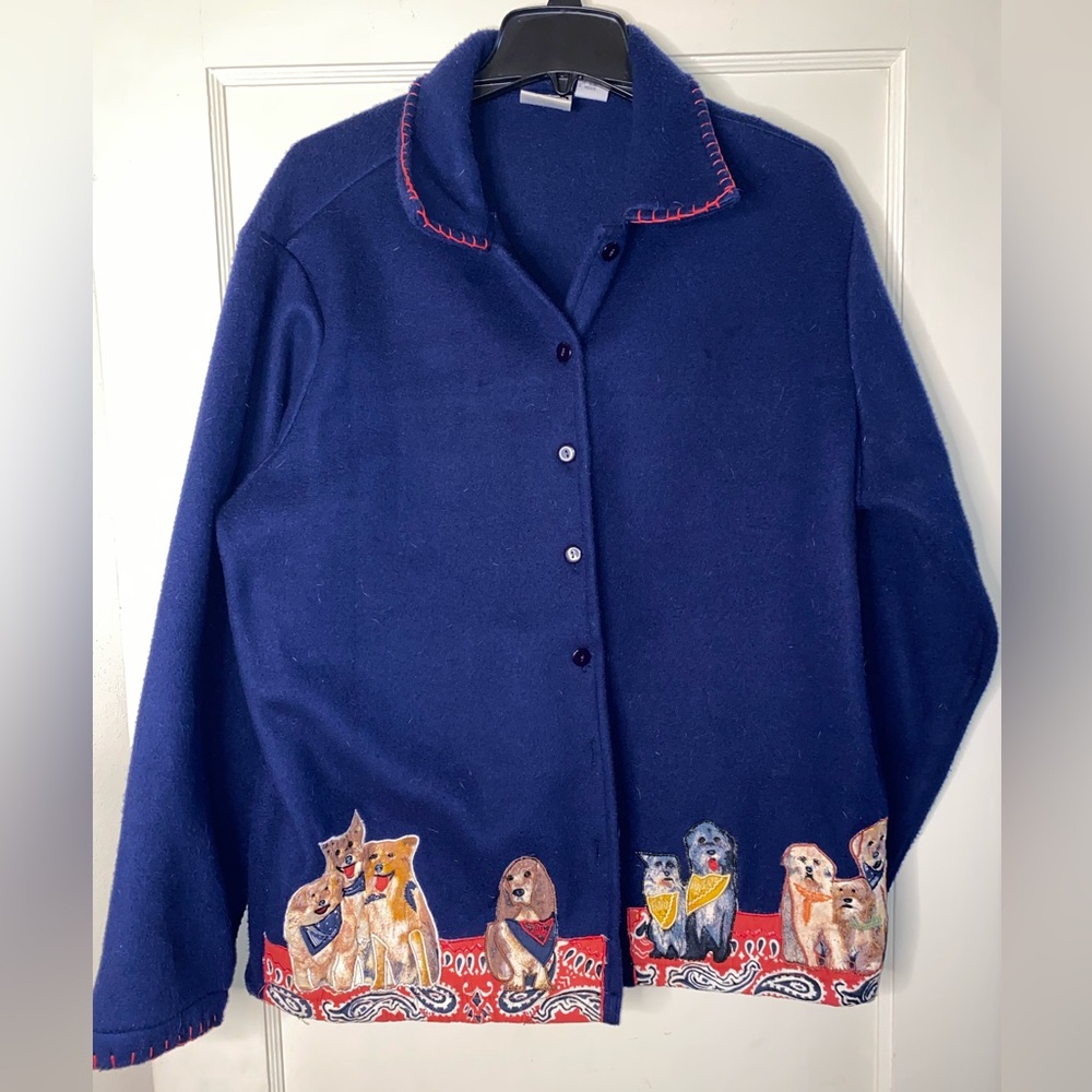 Vintage Take Two Dog Fleece Jacket Large Womens Western Grandma Blue Button